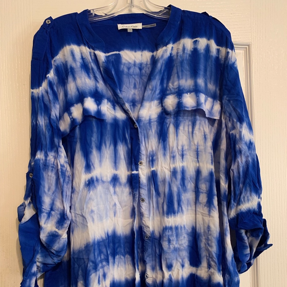 Calvin Klein Womens Blouse 1x tie dye blue